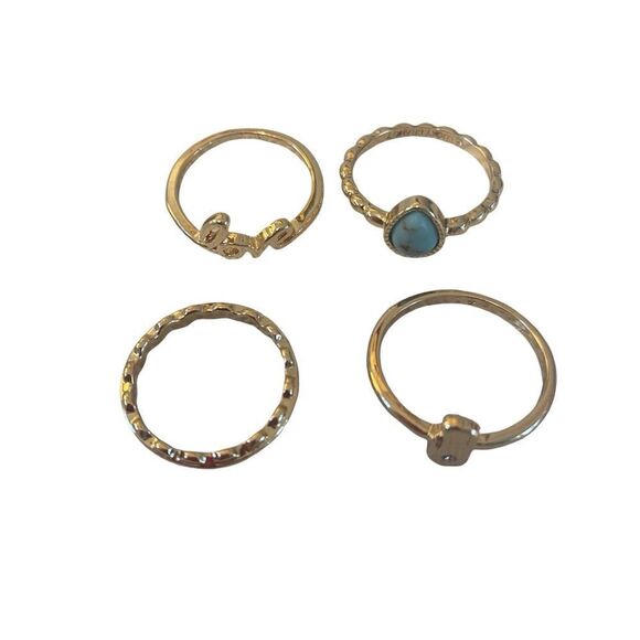 Turquoise Love Ring Stack in Bright Gold Tone.  Four Rings in Total. - Picture 5 of 5